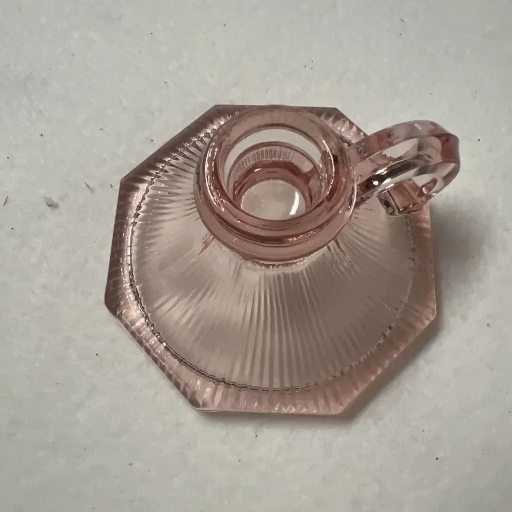 Vintage Pink Glass Candle Holder Chamberstick Ribbed Hexagon Depression